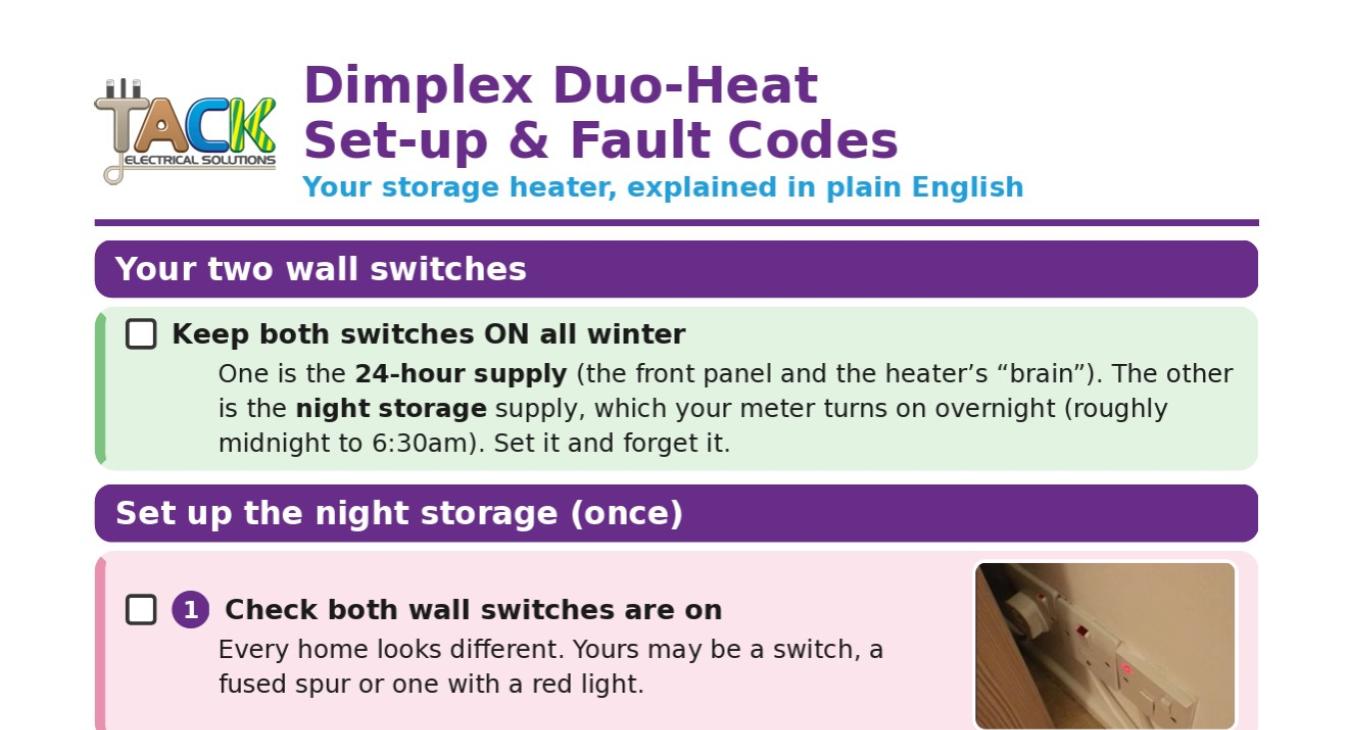 Dimplex Duo-Heat Set-up & Fault Codes Help Sheet